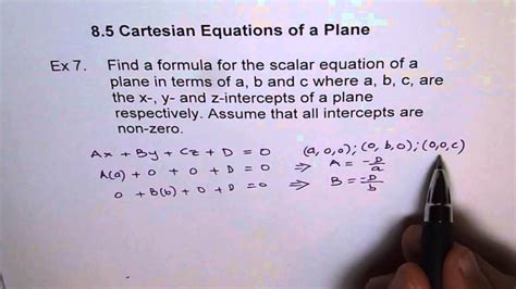 Cartesian Equation Of Plane In Intercept Form Ex 7 Youtube