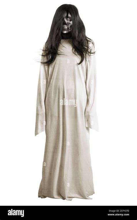 Scary Ghost Woman Standing Isolated Over White Background Halloween