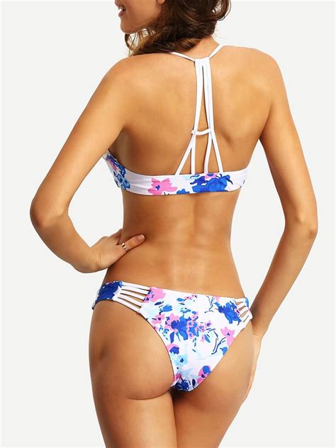 Flower Print Lace Up Ladder Cutout Bikini Set SheIn Sheinside