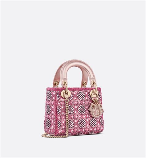 Mini Lady Dior Bag Metallic Calfskin And Satin With Rose Des Vents