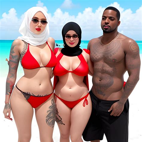 White Curvy Hijab Woman In Red Micro Bikini With Two Black Strong Men