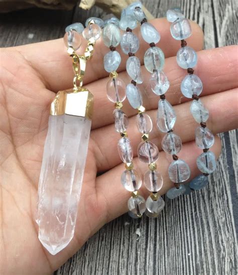 Clear Quartz Necklace With Aquamarine Beads Asana Crystals