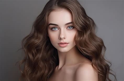 Premium Ai Image A Girl With Long Brown Hair And Blue Eyes Looks At