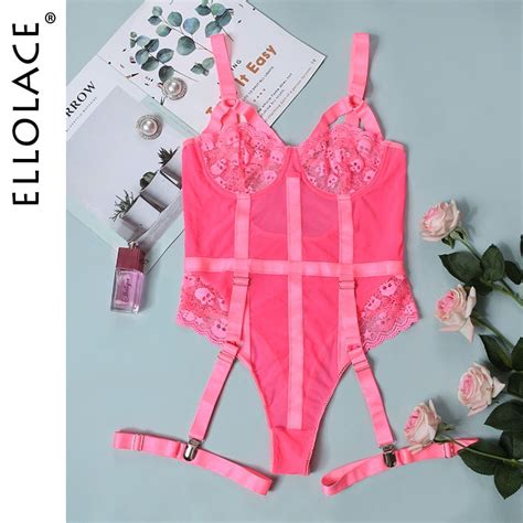 Ellolace Sexy Red Bodysuit Women Bodycon Lace Hollow Out Underwire Lingerie Body Sleeveless Top