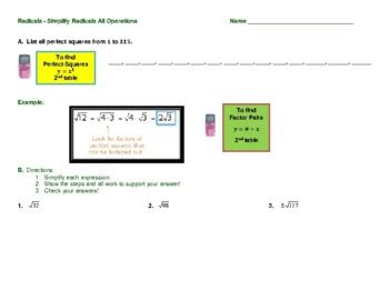 Radicals Simplify Radicals Add Subtract Multiply Worksheet By