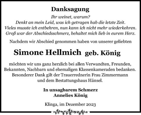 Traueranzeigen Von Simone Hellmich Trauer Anzeigen De