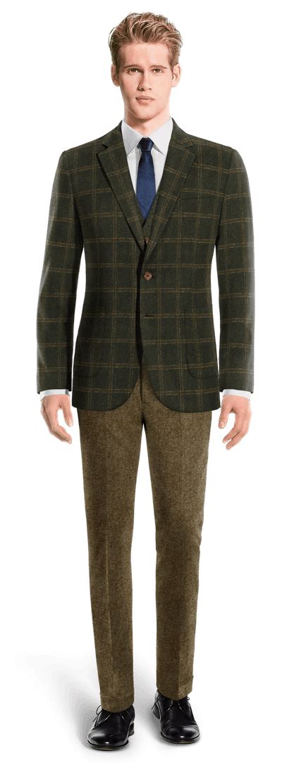 Traje Tres Piezas Verde A Cuadros Tweed