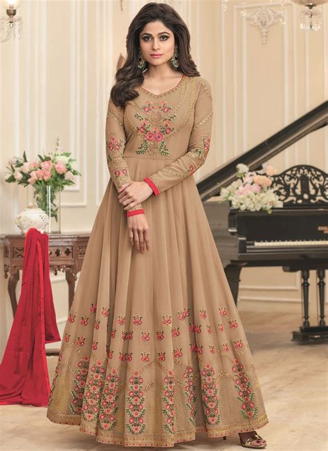 Shamita Shetty Beige Georgette Wedding Wear Anarkali 8040