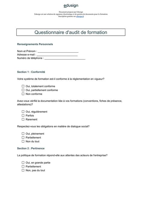 Mod Le De Questionnaire Satisfaction En Formation Edusign