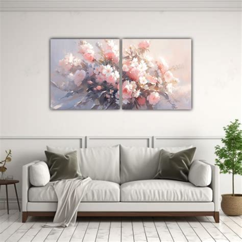 Pintura Díptico Composición Moderna Flores Blancas Y Rosas En Lienzo