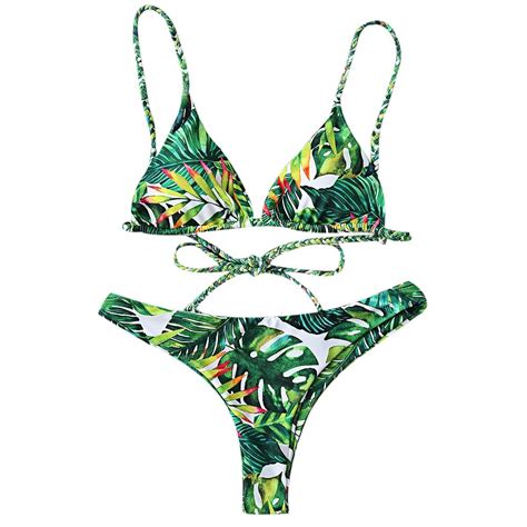 Summer European Style Women Sexy Braided Tropical Print Plunge Bikini