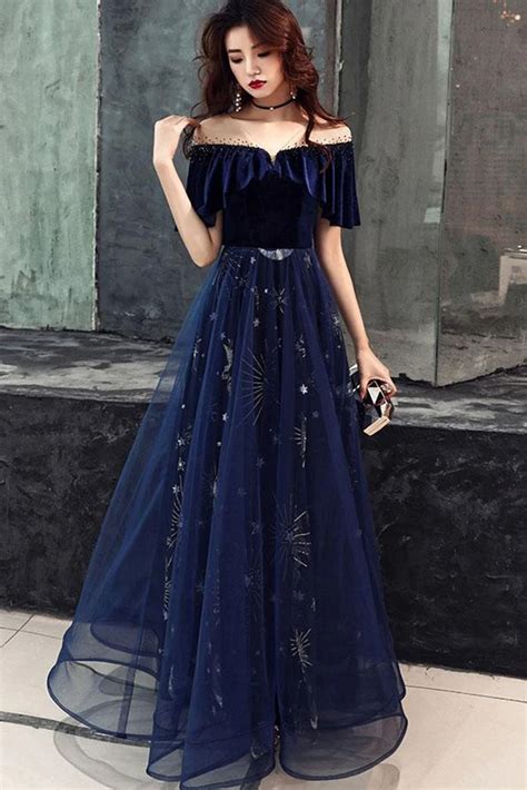 Blue Tulle With Velvet Long Party Dress A Line Off Shoulder Formal Dress Prom Dress Prom