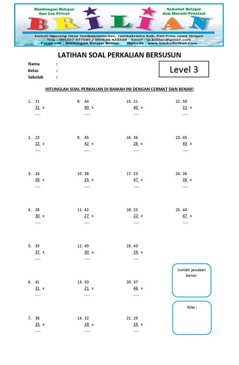 Soal Perkalian Bersusun Kelas 3 A Sd Level 3 Dan Kunci Jawaban Bimbel