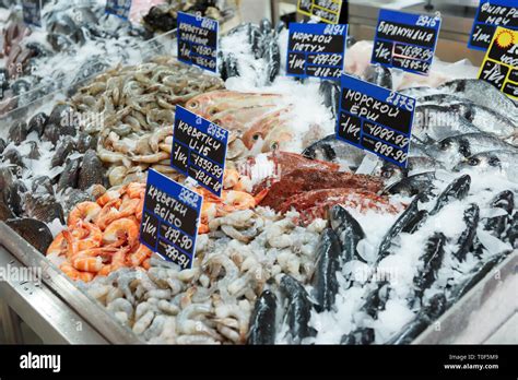 Variety Of Fish And Seafood On Cooled Market Display TMs Removed From