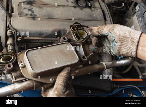 An Auto Mechanic Changes Heat Exchanger Gaskets For A Car Engine Stock