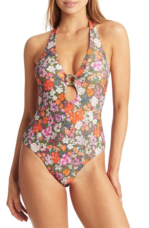 Sea Level Floral Keyhole Halter One Piece Swimsuit Khaki Editorialist