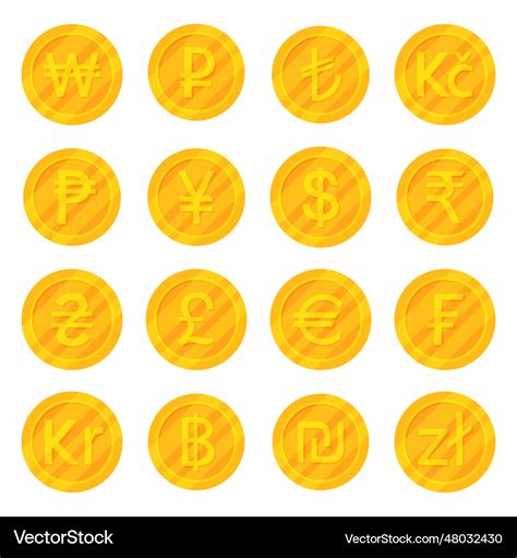 Set Of Golden Coins Most Used Currency Symbols Vector Image