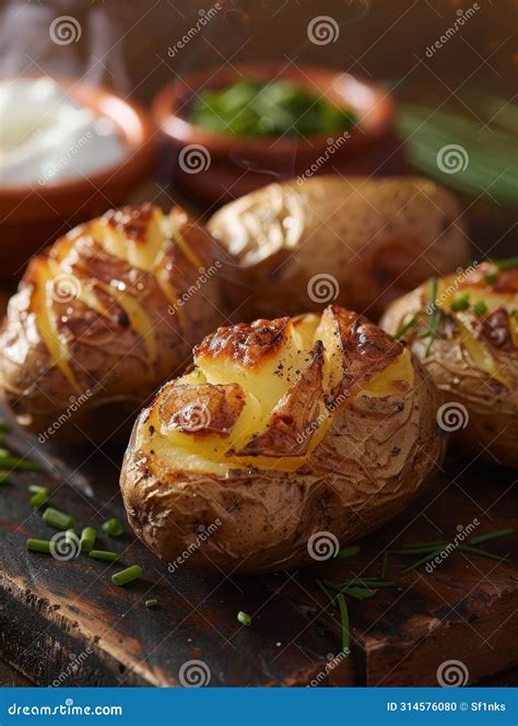 Batatas Cozidas Uma Cobertura De Queijo Derretido E Ervas Frescas