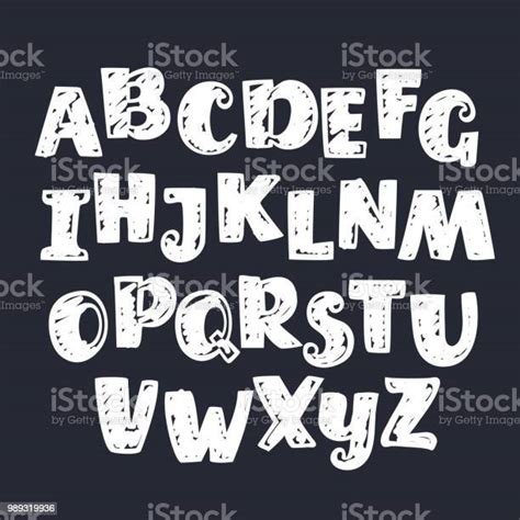 Vector Hand Drawn Bold Alphabet Chalk Doodle Outline Letters Isolated On Black Background Abc