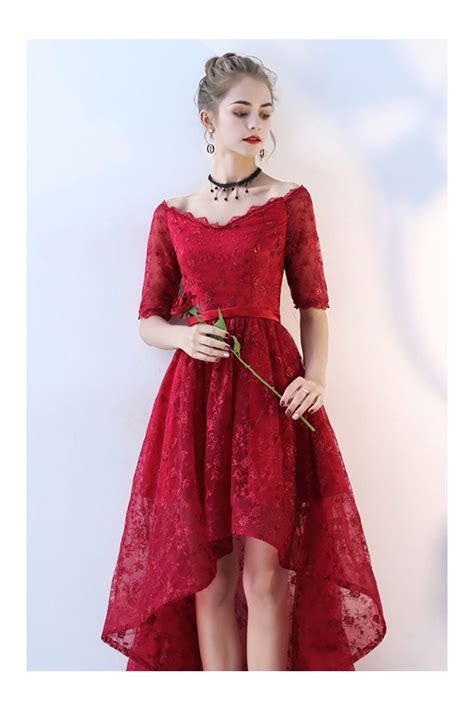 Burgundy Lace High Low Prom Homecoming Dress Vneck With Sleeves 7744 Bls86053