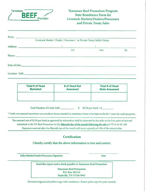 Tennessee Tennessee Beef Promotion Program State Remittance Form For