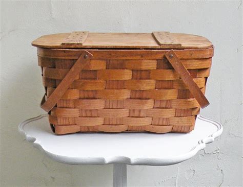 Vintage Picnic Basket Woven Wood Slat Basket With Handles Flip Lid And