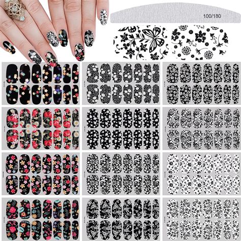 Ebanku Sheets Black White Full Wraps Nail Stickers Flower Butterfly