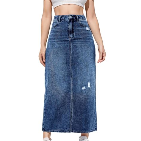 Fsqjgq Blue Long Jean Skirts For Women Vintage Mid High Waisted Denim Skirt With Holes Versatile