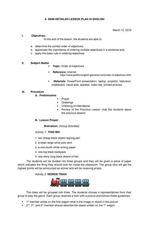 Adjectives Lp A Semi Detailed Lesson Plan In English March 15 2019 I Objectives At The End