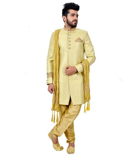 Buff Brocade Silk Indo Western Sherwani Zakarto