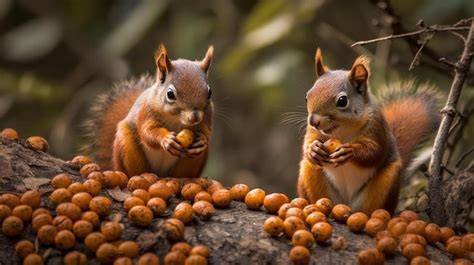 Premium AI Image | Two squirrels eating nuts on a tree