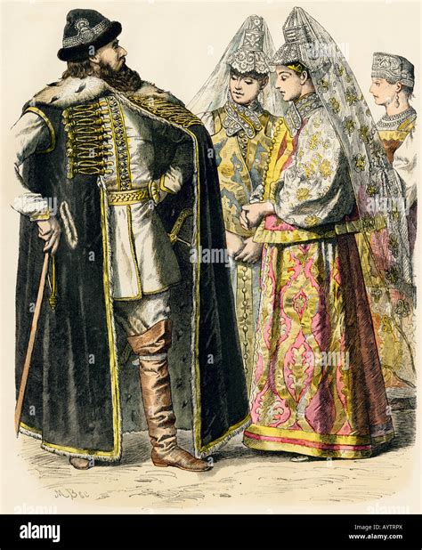 Russian noble and ladies in summer clothing 1700s. Hand-colored print ...