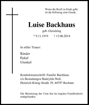 Traueranzeigen Von Luise Backhaus Trauer In Nrw De