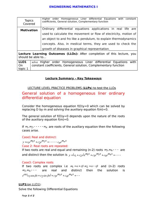 Higher Order Homogeneous Liner Differential Equations Engineering