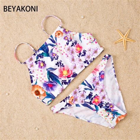 Beyakoni High Neck Bikini Set Crop Tops Swimwear Women 2017 Floral