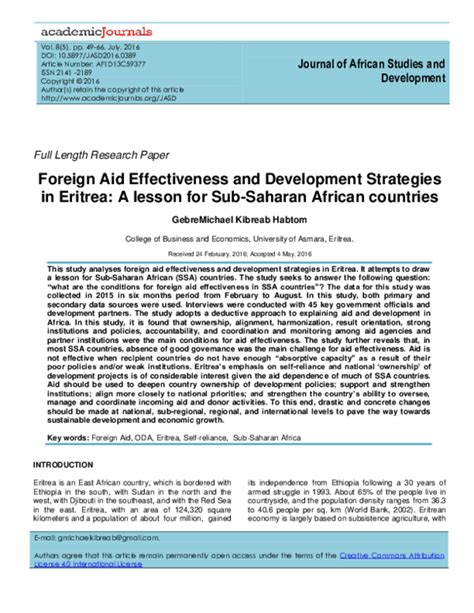 Pdf Foreign Aid Effectiveness And Development Strategies In Eritrea