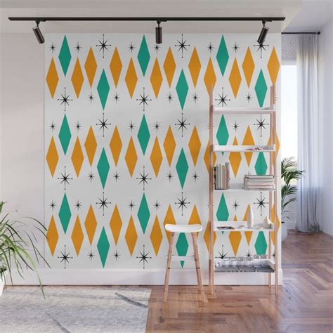 Mid Century Modern Pattern Diamonds Starbursts Wall Mural Mid Century