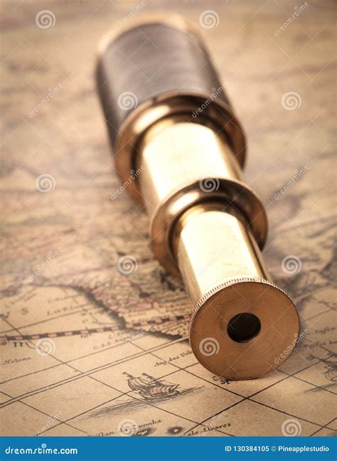 Spyglass On Antique Map Stock Image Image Of Background 130384105