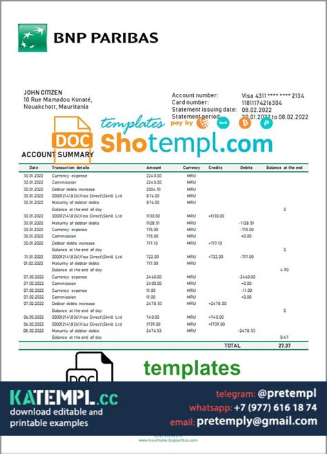 Generate Mauritania Bnp Paribas Bank Statement In Word And Pdf Format