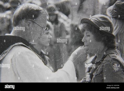 Fine 1970s Vintage Black And White Photography Of A Priest Giving Holy