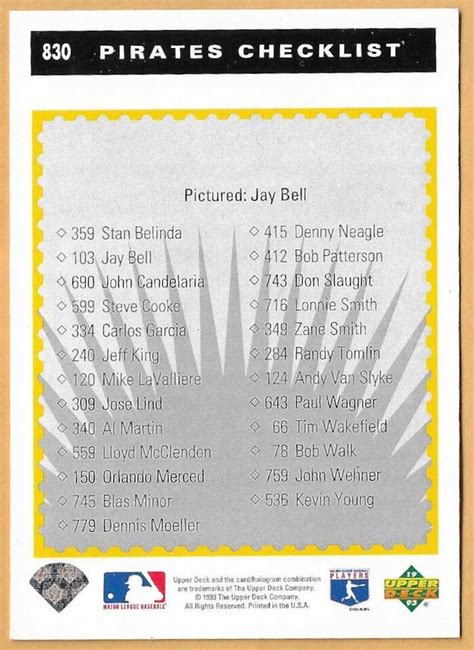 JAY BELL PITTSBURGH PIRATES CHECKLIST 830 UPPER DECK NM MT 1993 EBay