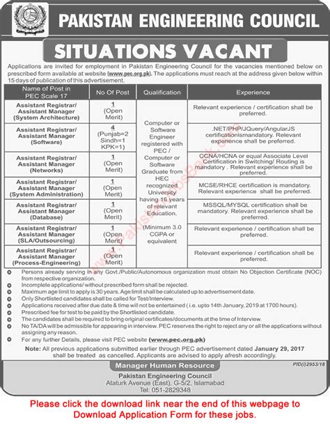 Pakistan Engineering Council Islamabad Jobs December