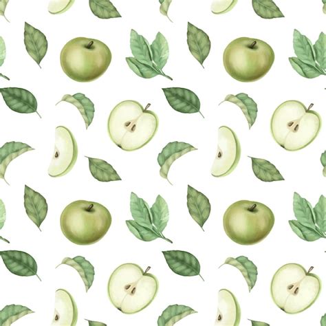 Premium Vector Seamless Pattern With Ripe Green Apples And Leaves