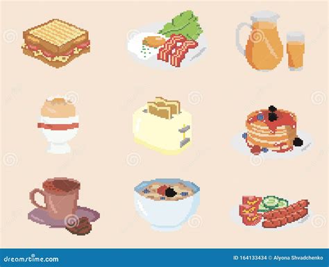 Set Of Pixel Icons For Breakfast Meal For Morning Stock Vector