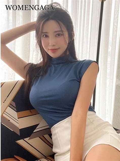 Fashion Sleeveless WOMENGAGA Half High Collar T Shirt Women Fashion Solid Hot Girls Slim OL Tees