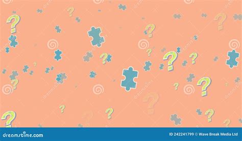 Animation Of Puzzles And Question Marks Floating Over Orange Background