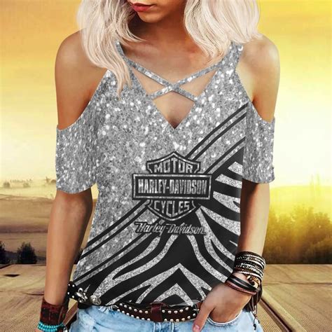 Harley Davidson Womens Cold Shoulder T Shirt With Criss Cross Strips