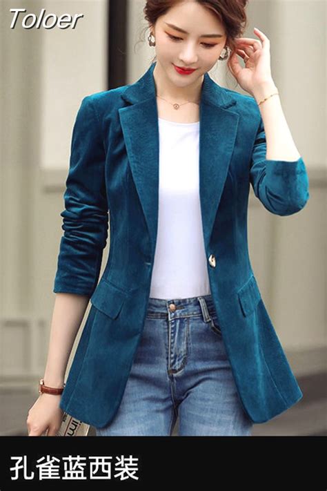 Toloer Women Blazer Corduroy Long Sleeve Retro Business Work Temperament Lapel Neck Loose Casual