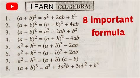 8 Important Algebra Formula Algebra Formulas Algebra Ka Formula Bijganit Ke Sutra 10th