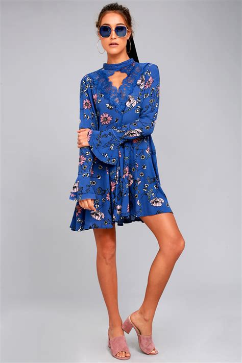 Lovely Royal Blue Dress Floral Print Dress Lace Dress Lulus